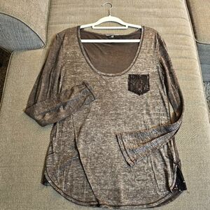 Anama Brown Gray Casual Longsleeve Scoopneck Boho Blouse Size Medium